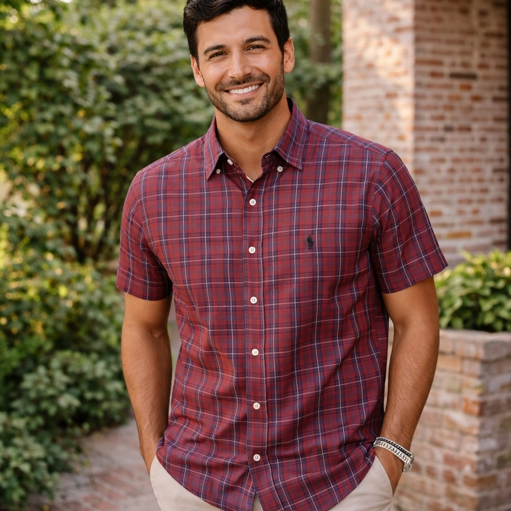 Ralph Lauren Plaid Shirt Mens Medium Classic Fit Red Green Preppy Button Up